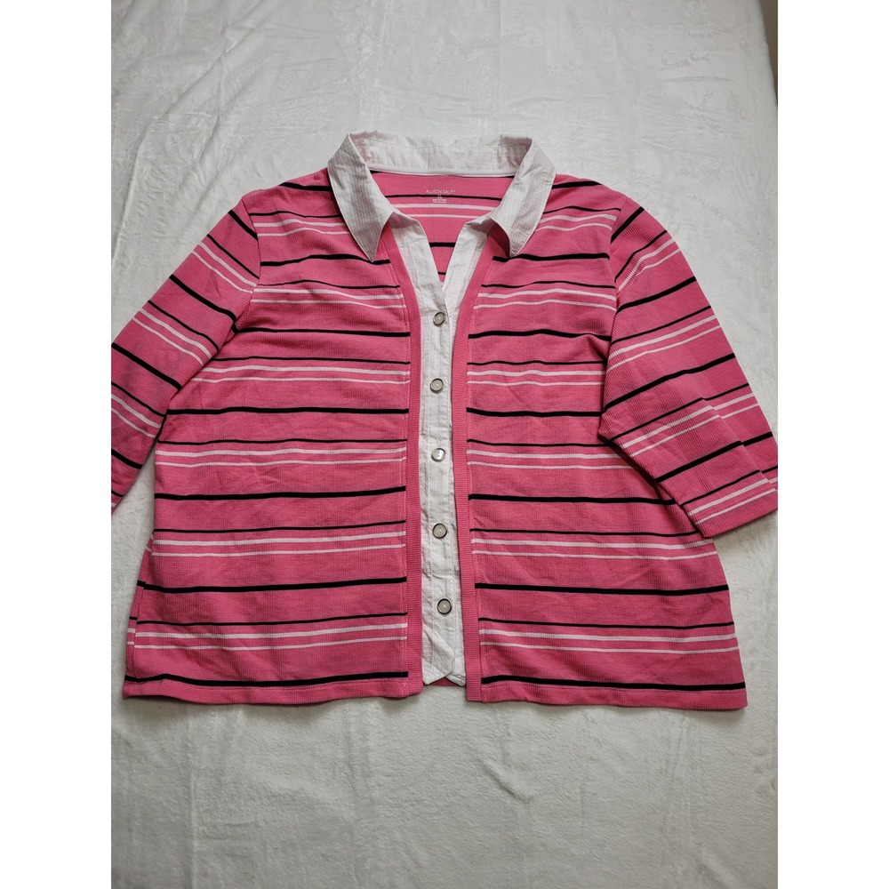 Allison Daley Knit Top Womens 3X Pink Striped Collared Button Front